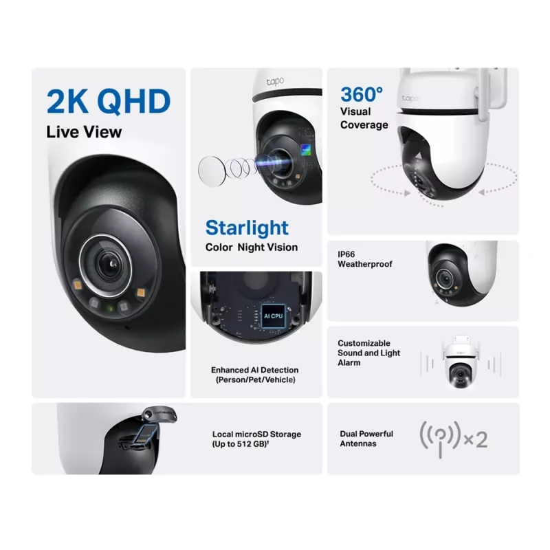 TP-Link Tapo telecamera di sicurezza Wi-Fi outdoor Pan/Tilt, telecamera di sicurezza IP, interno ed esterno, wireless, CE, FCC, RoHS, RCM, soffitto, nero, bianco