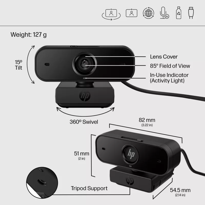HP 430 Webcam FHD, 2 MP, 1920 x 1080 pixel, Full HD, 60 fps, 85°, Home