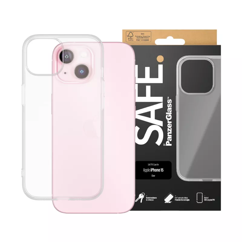 PanzerGlass SAFE. by ® custodia TPU trasparente iPhone 15, cover, Apple, Apple - iPhone 15, trasparente
