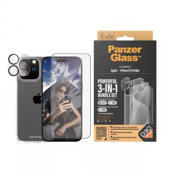 PanzerGlass ® bundle 3-in-1 iPhone 15 Pro Max, Apple, Apple - iPhone 15 Pro Max, applicazione a secco, antiurto, trasparente, 1 pezzo
