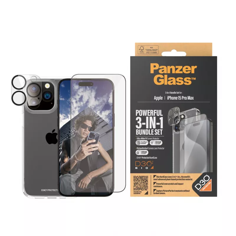 PanzerGlass ® bundle 3-in-1 iPhone 15 Pro Max, Apple, Apple - iPhone 15 Pro Max, applicazione a secco, antiurto, trasparente, 1 pezzo