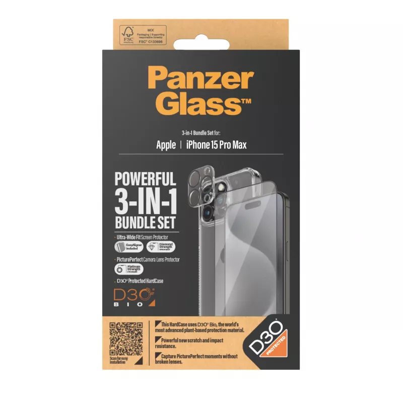 PanzerGlass ® bundle 3-in-1 iPhone 15 Pro Max, Apple, Apple - iPhone 15 Pro Max, applicazione a secco, antiurto, trasparente, 1 pezzo