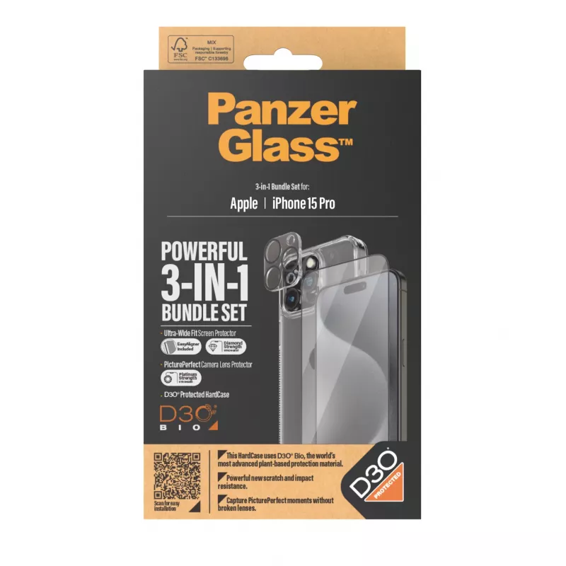 PanzerGlass confezione 3-in-1 iPhone 15 Pro vetro temperato trasparente