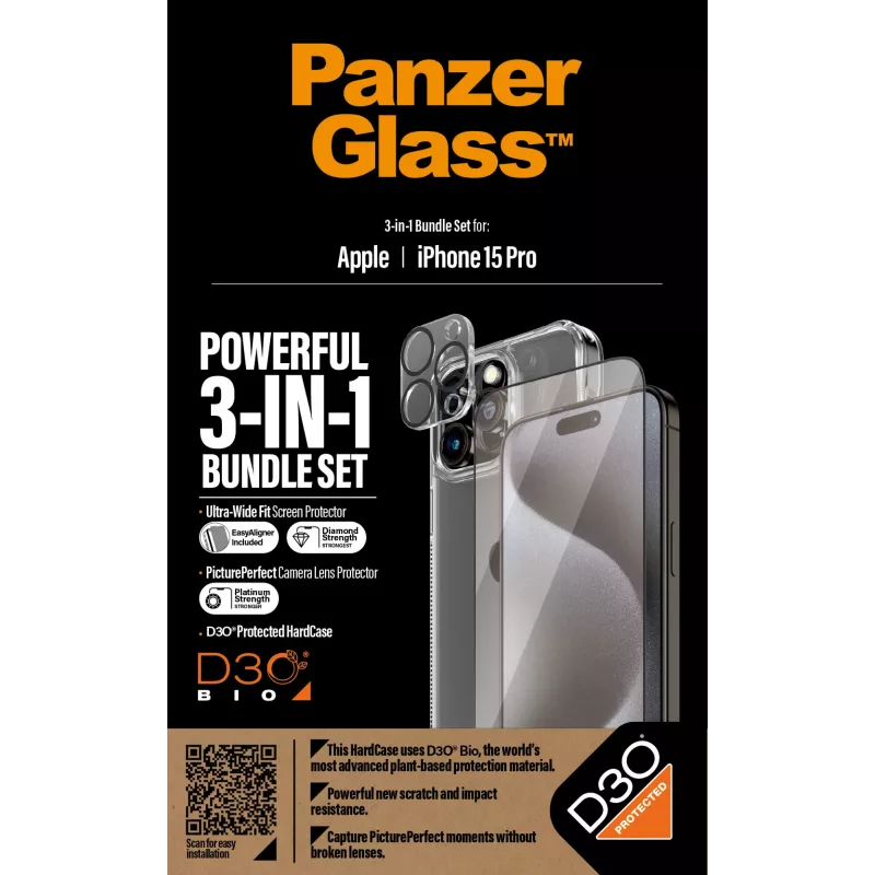 PanzerGlass confezione 3-in-1 iPhone 15 Pro vetro temperato trasparente