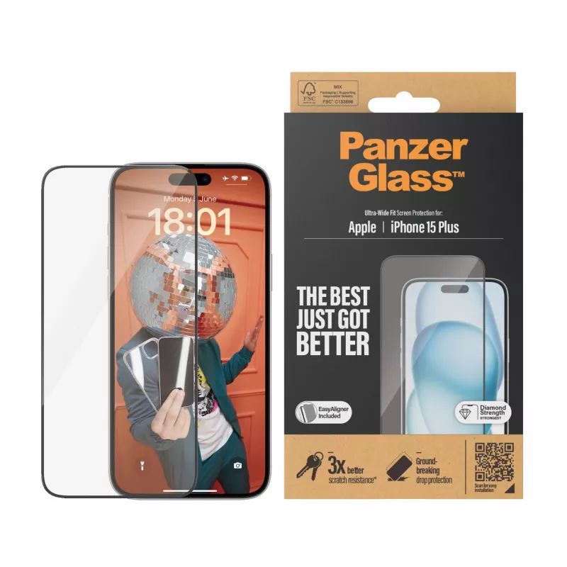 PanzerGlass ® pellicola protettiva per display iPhone 15 Plus | Ultra-Wide Fit con EasyAligner