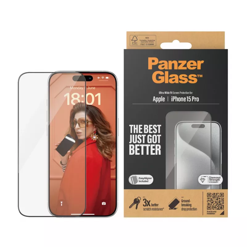 PanzerGlass ® pellicola protettiva per display iPhone 15 Pro | Ultra-Wide Fit con EasyAligner