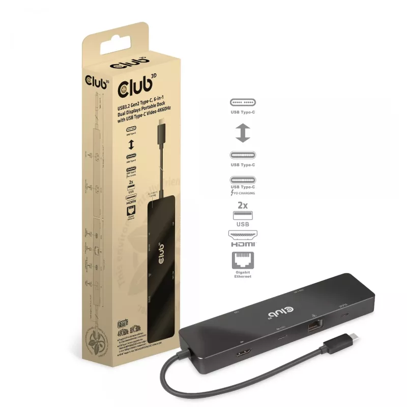 CLUB3D USB3.2 Gen2 Type-C, dock portatile 6-in-1 dual-display con video USB Type-C 4K60Hz