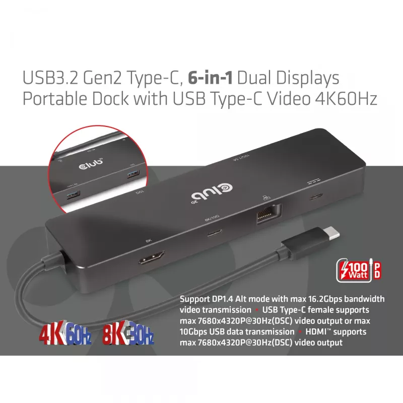 CLUB3D USB3.2 Gen2 Type-C, dock portatile 6-in-1 dual-display con video USB Type-C 4K60Hz