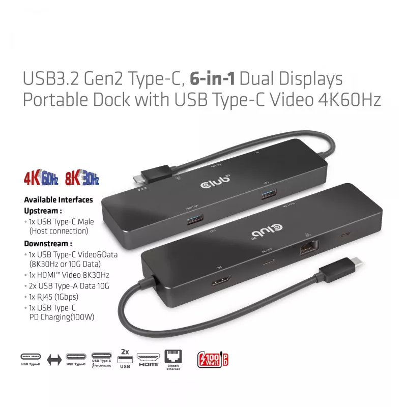 CLUB3D USB3.2 Gen2 Type-C, dock portatile 6-in-1 dual-display con video USB Type-C 4K60Hz