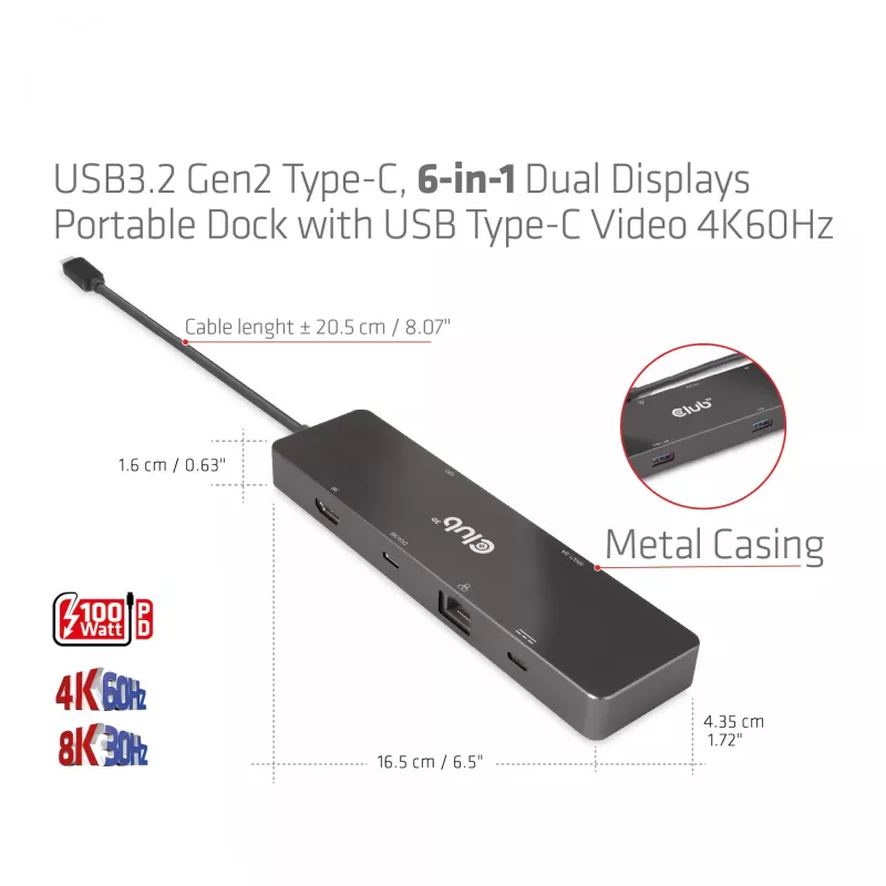 CLUB3D USB3.2 Gen2 Type-C, dock portatile 6-in-1 dual-display con video USB Type-C 4K60Hz
