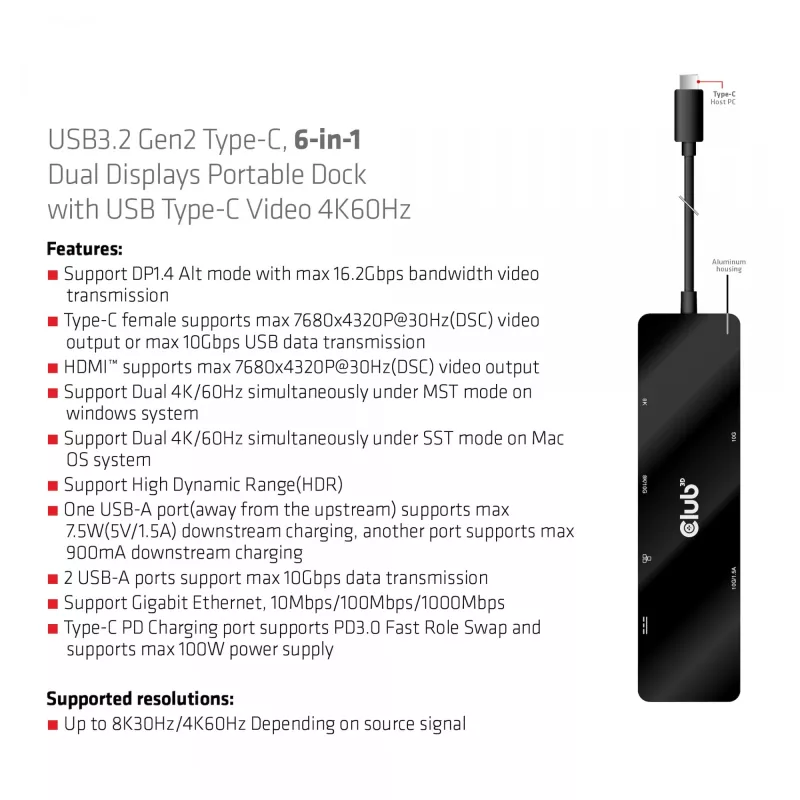 CLUB3D USB3.2 Gen2 Type-C, dock portatile 6-in-1 dual-display con video USB Type-C 4K60Hz