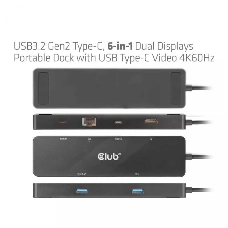 CLUB3D USB3.2 Gen2 Type-C, dock portatile 6-in-1 dual-display con video USB Type-C 4K60Hz
