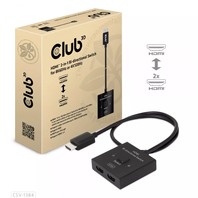 CLUB3D switch HDMI 2-in-1 bidirezionale 8K60Hz 4K120Hz CSV-1384