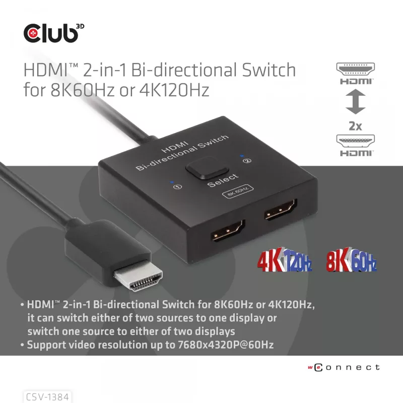 CLUB3D switch HDMI 2-in-1 bidirezionale 8K60Hz 4K120Hz CSV-1384