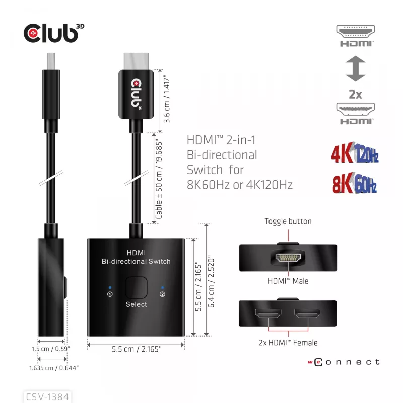 CLUB3D switch HDMI 2-in-1 bidirezionale 8K60Hz 4K120Hz CSV-1384