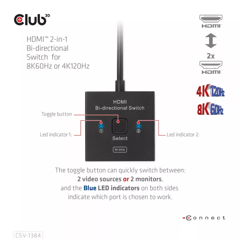 CLUB3D switch HDMI 2-in-1 bidirezionale 8K60Hz 4K120Hz CSV-1384