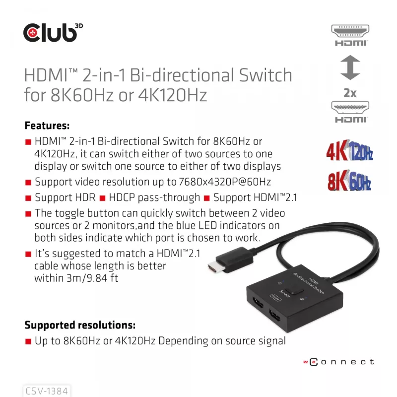 CLUB3D switch HDMI 2-in-1 bidirezionale 8K60Hz 4K120Hz CSV-1384