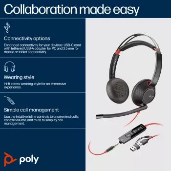 HP Poly Blackwire 5220 cuffie stereo USB-C + jack 3,5 mm + adattatore USB-C/A