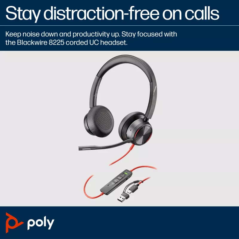 HP Poly Blackwire 8225 cuffie stereo USB-C certificate Microsoft Teams + adattatore USB-C/A
