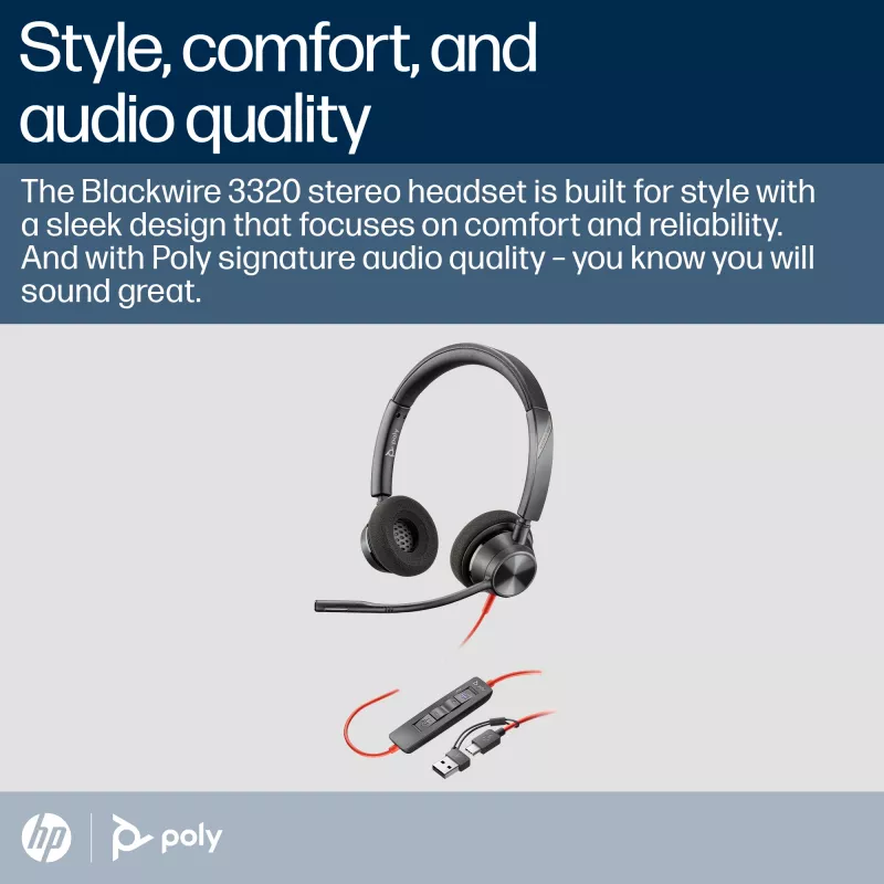 HP Poly Blackwire 3320 cuffie stereo USB-C certificate Microsoft Teams + adattatore USB-C/A