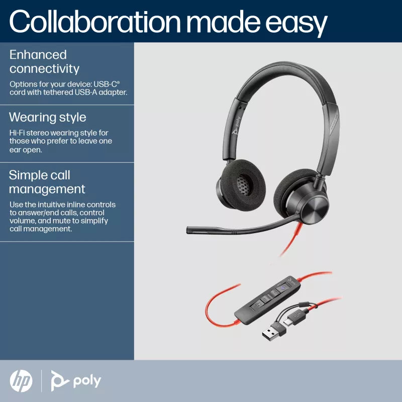 HP Poly Blackwire 3320 cuffie stereo USB-C certificate Microsoft Teams + adattatore USB-C/A