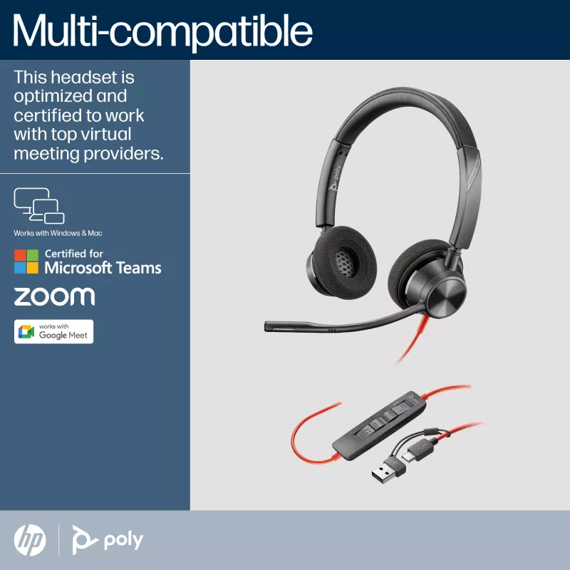 HP Poly Blackwire 3320 cuffie stereo USB-C certificate Microsoft Teams + adattatore USB-C/A