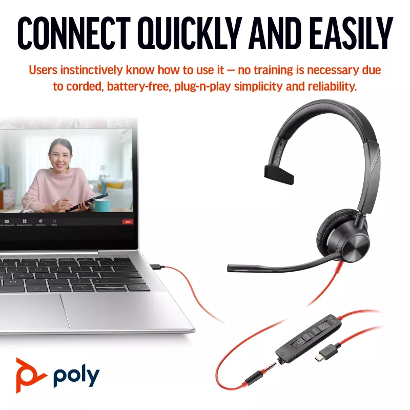 HP Poly Blackwire 3315 cuffie mono USB-C + jack 3,5 mm + adattatore USB-C/A