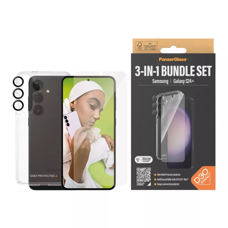 Pacchetto protezione 3-in-1 PanzerGlass ® Samsung Galaxy S24+ | Ultra-Wide Fit con EasyAligner