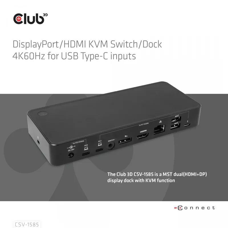 CLUB3D DisplayPort/HDMI switch KVM/dock 4K60Hz per ingressi USB Type-C