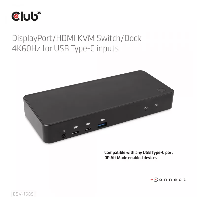 CLUB3D DisplayPort/HDMI switch KVM/dock 4K60Hz per ingressi USB Type-C