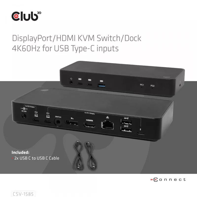 CLUB3D DisplayPort/HDMI switch KVM/dock 4K60Hz per ingressi USB Type-C