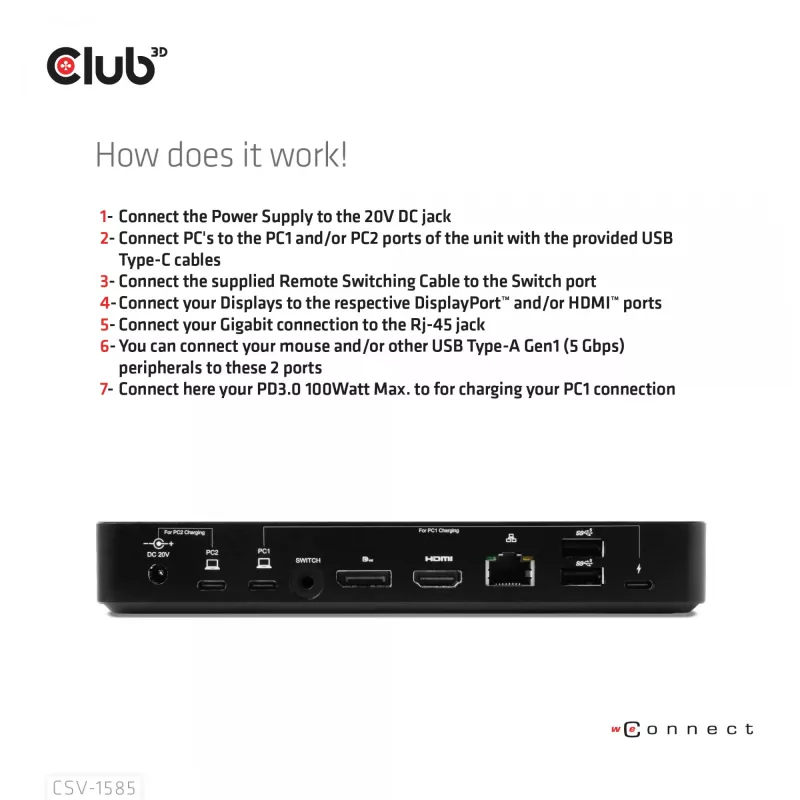 CLUB3D DisplayPort/HDMI switch KVM/dock 4K60Hz per ingressi USB Type-C