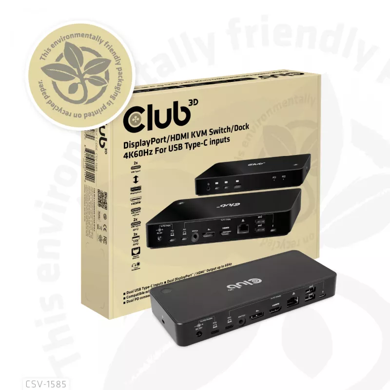 CLUB3D DisplayPort/HDMI switch KVM/dock 4K60Hz per ingressi USB Type-C