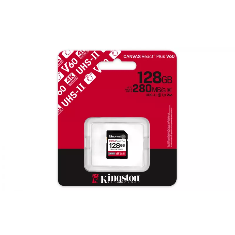 Kingston Technology 128 GB Canvas React Plus SDXC UHS-II 280R/100W U3 V60 per Full HD/4K