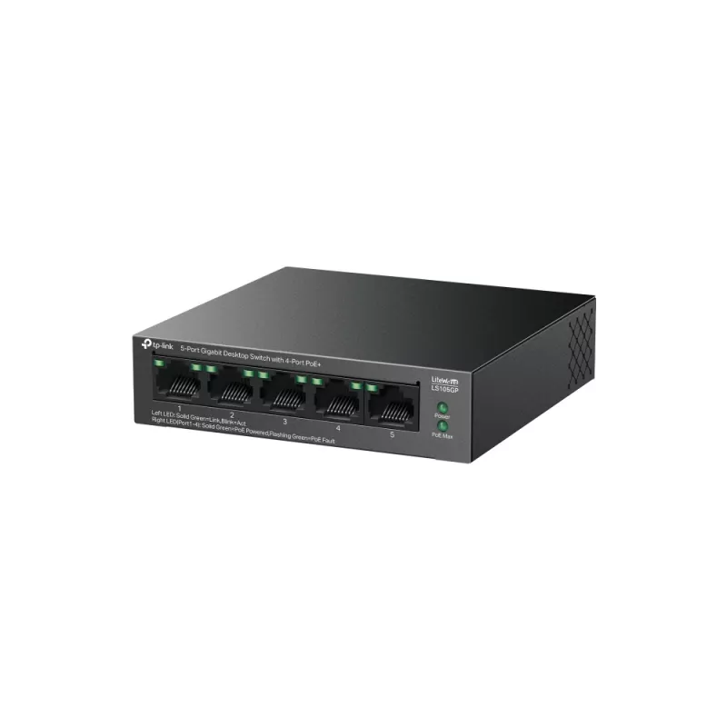TP-LINK LiteWave switch desktop Gigabit 5 porte con 4 porte PoE+ (5x Gigabit, 4 PoE+, budget PoE 65 W)