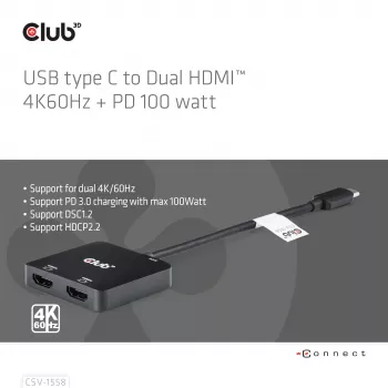 CLUB3D hub USB-C® a doppio HDMI™ 4K60Hz M/F+PD3.0 100 W