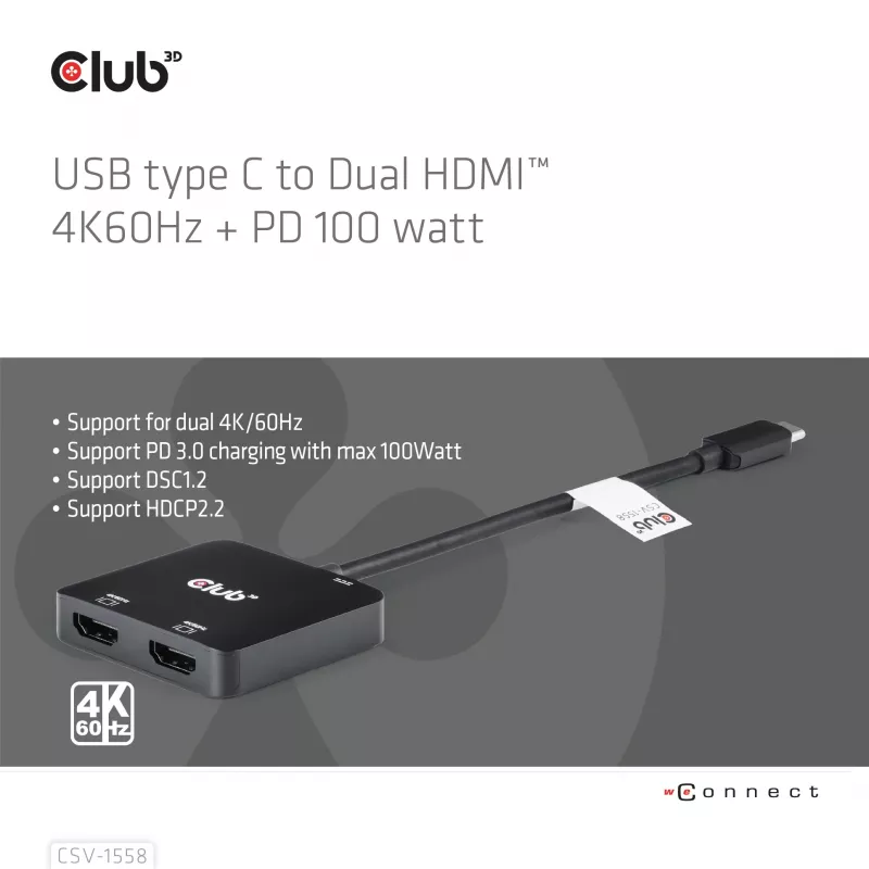 CLUB3D hub USB-C® a doppio HDMI™ 4K60Hz M/F+PD3.0 100 W