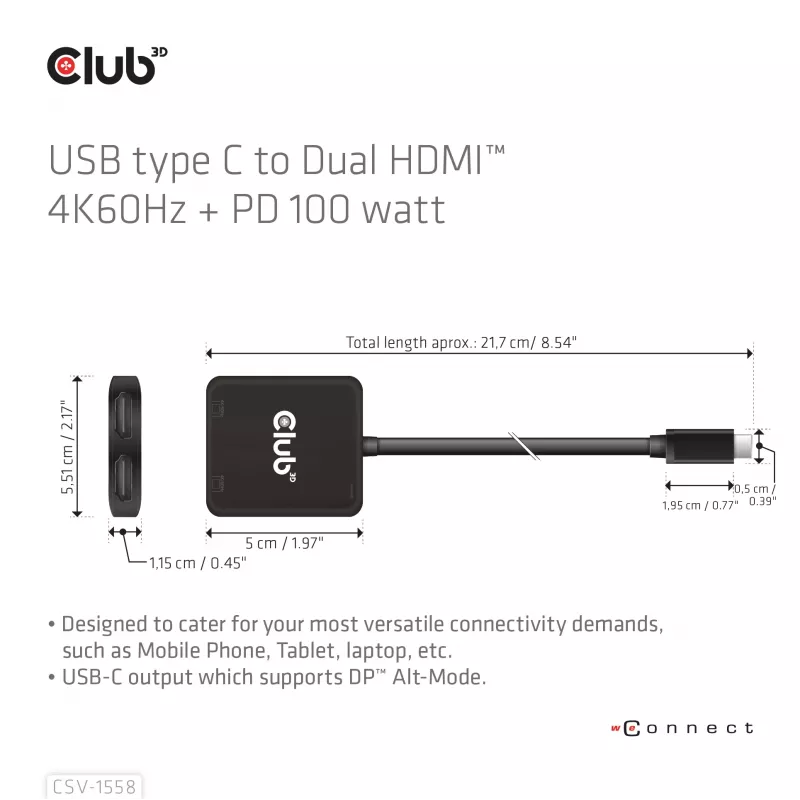 CLUB3D hub USB-C® a doppio HDMI™ 4K60Hz M/F+PD3.0 100 W