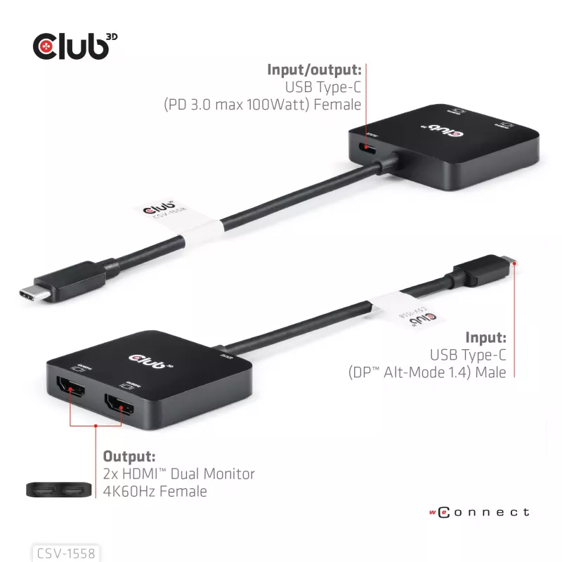 CLUB3D hub USB-C® a doppio HDMI™ 4K60Hz M/F+PD3.0 100 W