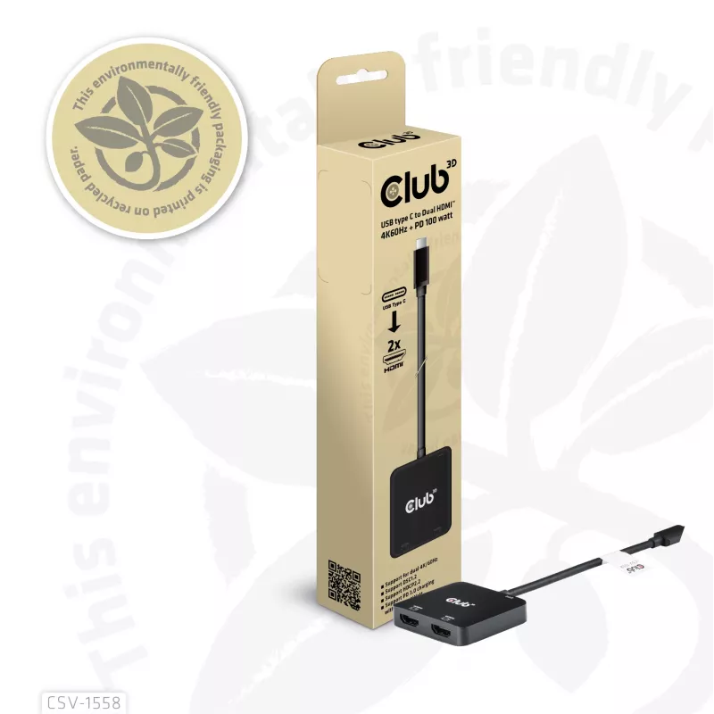 CLUB3D hub USB-C® a doppio HDMI™ 4K60Hz M/F+PD3.0 100 W