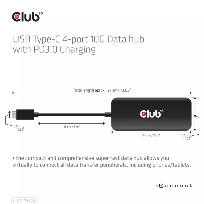 Club3D CSV-1548 hub USB-C, 4x USB-C 10 Gbps, 100W PD, nero