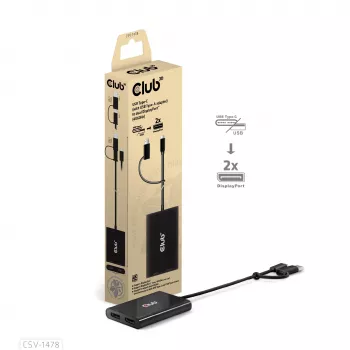 Splitter video Club 3D CSV-1478 USB Type-C (con adattatore USB-A) a doppia DisplayPort 4K60Hz, nero