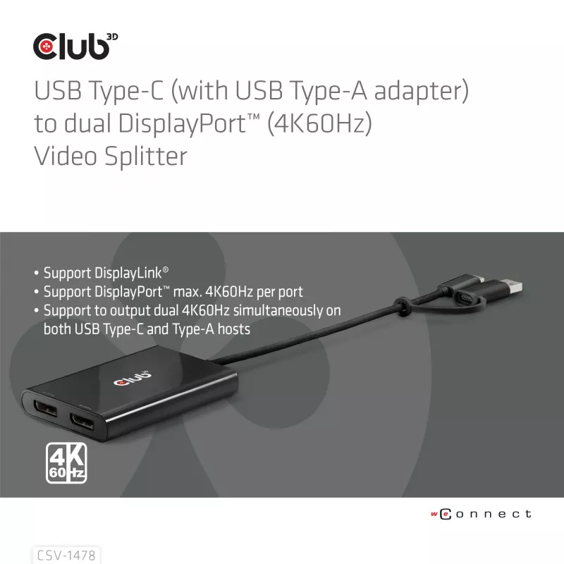 Splitter video Club 3D CSV-1478 USB Type-C (con adattatore USB-A) a doppia DisplayPort 4K60Hz, nero