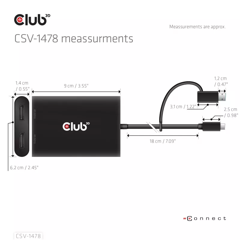 Splitter video Club 3D CSV-1478 USB Type-C (con adattatore USB-A) a doppia DisplayPort 4K60Hz, nero