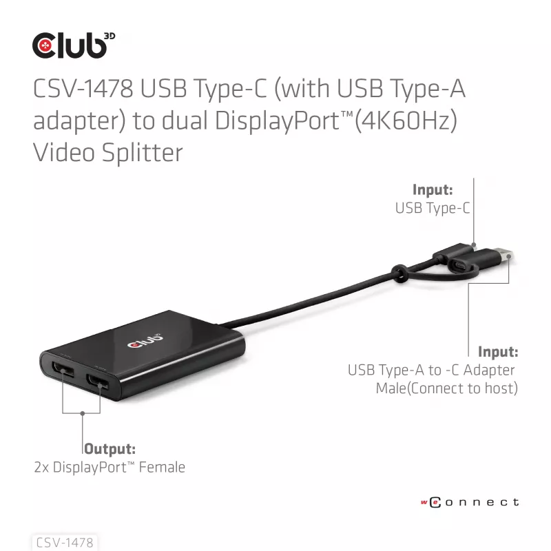 Splitter video Club 3D CSV-1478 USB Type-C (con adattatore USB-A) a doppia DisplayPort 4K60Hz, nero