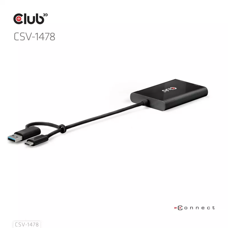 Splitter video Club 3D CSV-1478 USB Type-C (con adattatore USB-A) a doppia DisplayPort 4K60Hz, nero