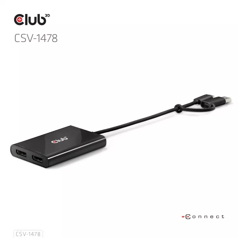Splitter video Club 3D CSV-1478 USB Type-C (con adattatore USB-A) a doppia DisplayPort 4K60Hz, nero