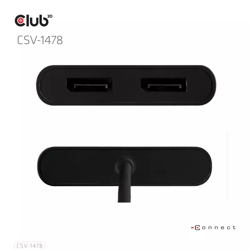 Splitter video Club 3D CSV-1478 USB Type-C (con adattatore USB-A) a doppia DisplayPort 4K60Hz, nero