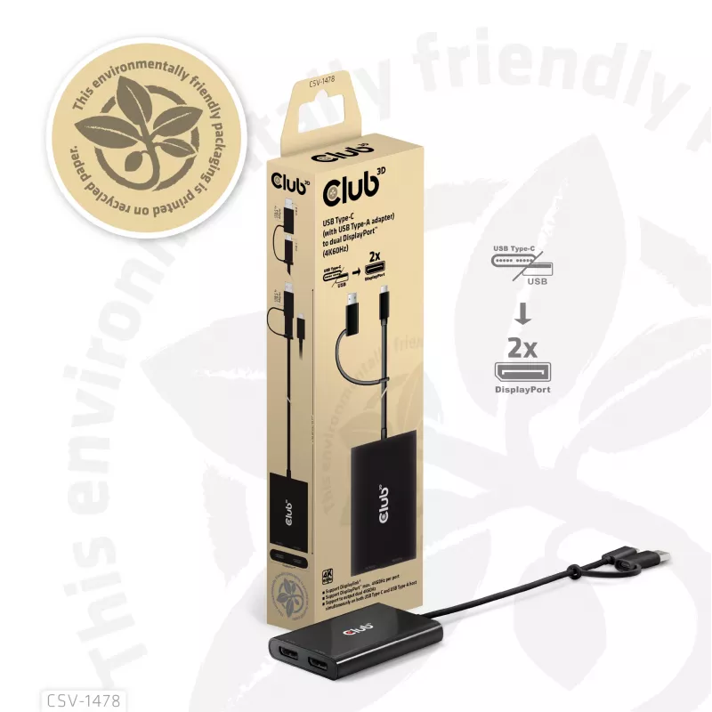 Splitter video Club 3D CSV-1478 USB Type-C (con adattatore USB-A) a doppia DisplayPort 4K60Hz, nero