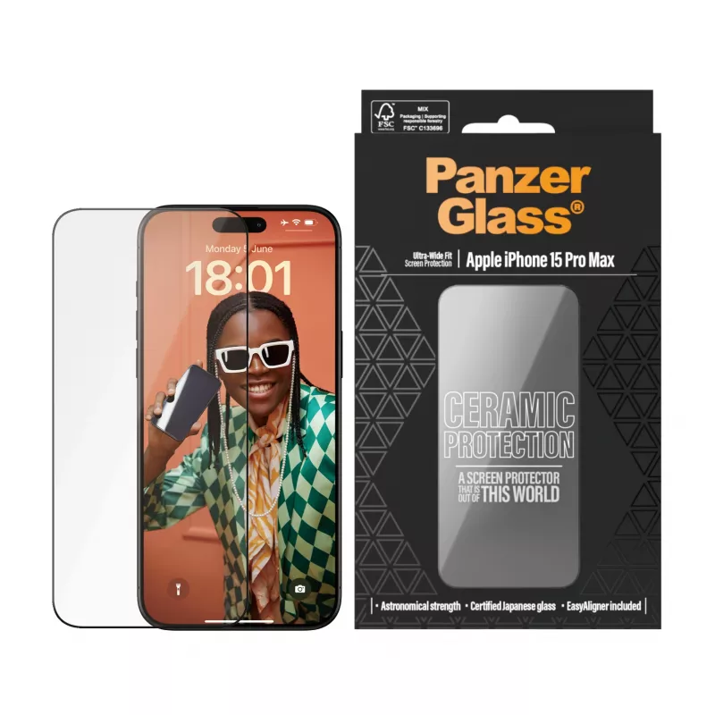 PanzerGlass ® Ceramic Protection per iPhone 15 Pro Max | Ultra-Wide Fit con EasyAligner